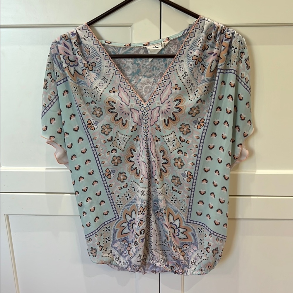 Spring summer. Short sleeve boho breezyPatterned Women's Top anthro inspired
